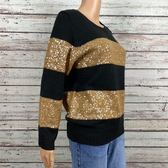 Isaac Mizrahi Elsie Wool Blend Sequin Stripe Sweater Medium Black Gold Mohair - Picture 6 of 8